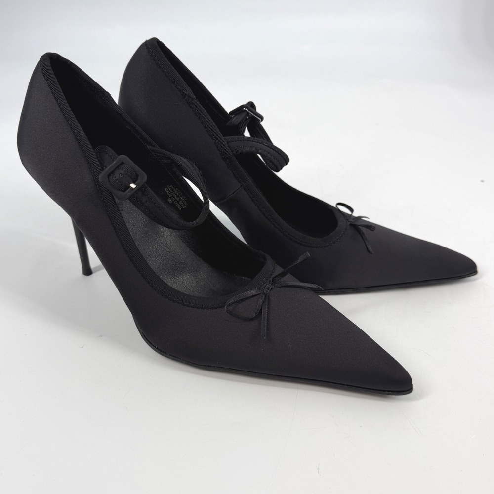 Sugar Thrillz Black Satin Pointed Toe Mary Jane Stiletto Heels Size 9M